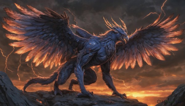 solo,open mouth,tail,yellow eyes,outdoors,wings,horns,sky,teeth,cloud,no humans,glowing,fangs,cloudy sky,sharp teeth,glowing eyes,feathered wings,claws,monster,dragon,electricity,scales,giant,lightning,multiple wings,talons,spread wings,kaijuu,standing,full body,feathers,cliff,molten rock