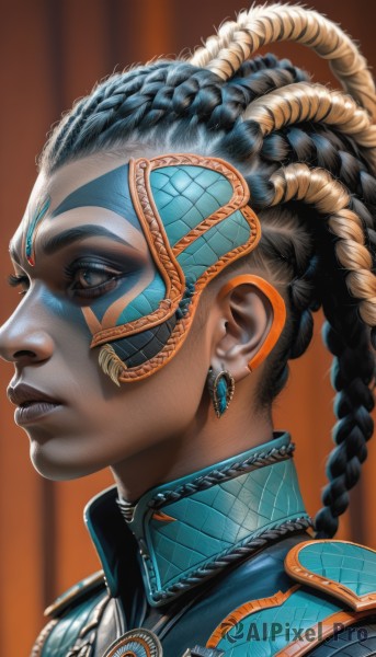 1girl,solo,long hair,blue eyes,black hair,jewelry,braid,multicolored hair,earrings,parted lips,teeth,artist name,dark skin,necklace,blurry,from side,two-tone hair,dark-skinned female,lips,profile,makeup,facial mark,portrait,realistic,nose,facepaint,dreadlocks,multiple braids,hair ornament,closed mouth,blue hair,eyelashes,looking away,lipstick,gem,eyeshadow,brown background,orange background,blue lips