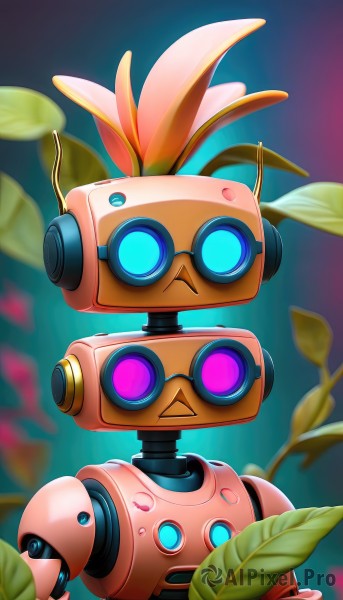 solo,looking at viewer,upper body,pink eyes,blurry,no humans,blurry background,glowing,leaf,plant,robot,mecha,:<,straight-on,robot joints,humanoid robot,blue eyes,glasses,artist name,round eyewear,joints