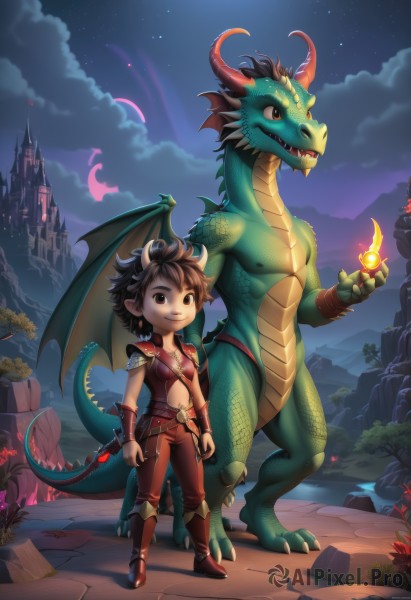 1girl,smile,short hair,brown hair,1boy,navel,brown eyes,standing,tail,weapon,male focus,boots,outdoors,wings,horns,sky,pointy ears,sword,cloud,armor,night,fangs,moon,fire,star (sky),night sky,claws,dragon horns,fantasy,dragon,dragon tail,scales,crescent moon,castle,dragon wings,dragon boy