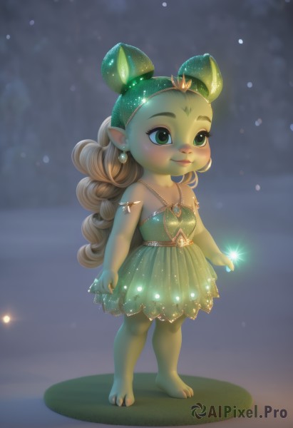 1girl,solo,long hair,smile,brown hair,dress,bare shoulders,jewelry,closed mouth,green eyes,standing,full body,braid,earrings,barefoot,pointy ears,blurry,sparkle,blurry background,glowing,colored skin,facial mark,tiara,child,furry,green dress,forehead mark,furry female,female child,green skin,multi-tied hair,skirt,hair ornament,flower,artist name,leaf,snow,curly hair