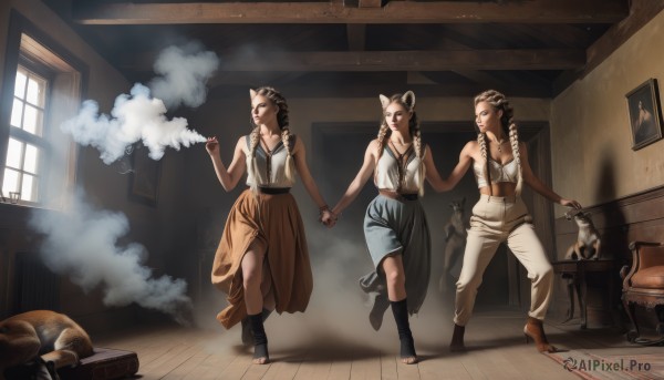 long hair,multiple girls,skirt,brown hair,black hair,holding,2girls,animal ears,bare shoulders,standing,full body,braid,barefoot,socks,midriff,pants,indoors,cat ears,3girls,twin braids,window,holding hands,siblings,drill hair,sunlight,tank top,sisters,smoke,walking,long skirt,smoking,overalls,dirty,cat,wooden floor,toeless legwear,carpet