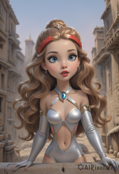 1girl,solo,long hair,breasts,looking at viewer,blue eyes,brown hair,gloves,navel,cleavage,bare shoulders,jewelry,medium breasts,collarbone,earrings,small breasts,outdoors,parted lips,sky,teeth,day,elbow gloves,white gloves,nail polish,blurry,leotard,lips,clothing cutout,makeup,blurry background,cleavage cutout,building,freckles,center opening,red lips,navel cutout,grey gloves,hair pulled back,grey leotard,blush,hair ornament,upper body,ponytail,fingernails,eyelashes,halterneck,wavy hair,thick eyebrows,brooch,gem,red nails,curly hair,realistic