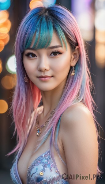 1girl,solo,long hair,breasts,looking at viewer,smile,bangs,dress,cleavage,bare shoulders,brown eyes,jewelry,medium breasts,closed mouth,blue hair,upper body,pink hair,multicolored hair,earrings,sleeveless,necklace,blurry,two-tone hair,lips,eyelashes,gradient hair,makeup,sleeveless dress,depth of field,blurry background,blue dress,realistic,nose,bokeh,black hair,underwear,heart,artist name,blunt bangs,bra,watermark,lipstick,mascara