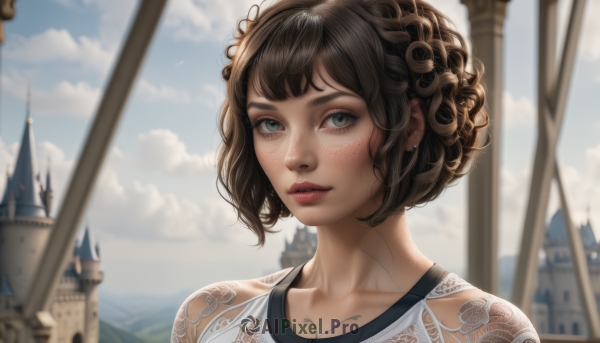 1girl,solo,looking at viewer,short hair,bangs,blue eyes,brown hair,bare shoulders,jewelry,green eyes,collarbone,upper body,earrings,outdoors,parted lips,sky,day,artist name,cloud,blurry,blue sky,lips,eyelashes,tattoo,makeup,depth of field,blurry background,bird,piercing,cloudy sky,portrait,freckles,curly hair,realistic,nose,castle,black hair,hair ornament,ear piercing,scenery,mascara