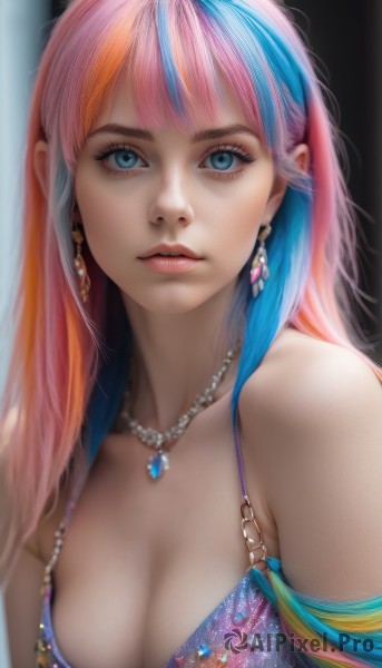 1girl,solo,long hair,breasts,looking at viewer,bangs,blue eyes,dress,cleavage,bare shoulders,jewelry,medium breasts,blue hair,collarbone,swimsuit,upper body,pink hair,bikini,multicolored hair,earrings,parted lips,necklace,orange hair,two-tone hair,lips,streaked hair,eyelashes,makeup,gem,realistic,nose,pearl necklace,large breasts,closed mouth,artist name,blurry,expressionless,mascara