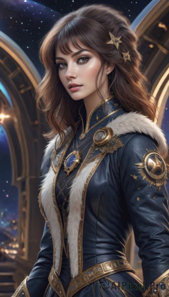 1girl,solo,long hair,breasts,looking at viewer,bangs,brown hair,hair ornament,long sleeves,dress,brown eyes,jewelry,upper body,earrings,parted lips,sky,belt,artist name,star (symbol),blurry,lips,coat,fur trim,makeup,night,blurry background,wavy hair,gem,star (sky),night sky,starry sky,freckles,star hair ornament,nose,outdoors,necklace,realistic