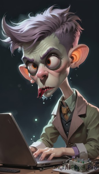 solo,short hair,open mouth,shirt,long sleeves,1boy,brown eyes,jacket,upper body,purple hair,male focus,necktie,teeth,tongue,pointy ears,collared shirt,tongue out,vest,orange eyes,saliva,colored skin,formal,suit,wide-eyed,computer,green skin,yellow necktie,laptop,keyboard (computer),mohawk,mouse (computer),buck teeth,goblin,animal ears,nose,bags under eyes