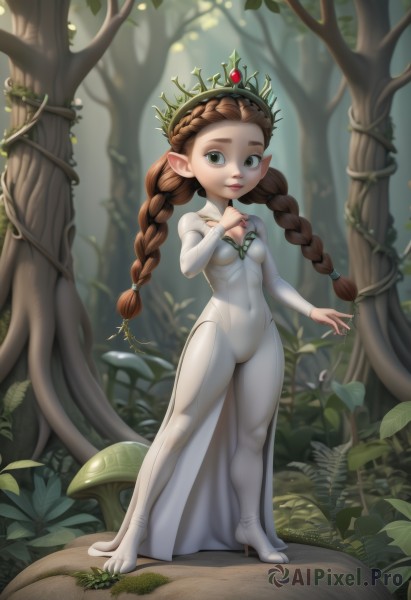 1girl,solo,long hair,breasts,looking at viewer,smile,brown hair,long sleeves,dress,twintails,jewelry,very long hair,green eyes,standing,full body,braid,small breasts,outdoors,pointy ears,white dress,high heels,twin braids,tree,bodysuit,covered navel,crown,plant,hand on own chest,nature,forehead,forest,mushroom,white bodysuit,brown eyes,boots,artist name,leaf,tiara,elf,skin tight