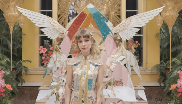 1girl,solo,long hair,looking at viewer,smile,bangs,blonde hair,brown hair,dress,bare shoulders,brown eyes,closed mouth,upper body,flower,wings,sleeveless,indoors,white dress,lips,window,leaf,plant,feathered wings,pink flower,angel wings,white wings,angel,parted lips,blunt bangs,sleeveless dress,realistic