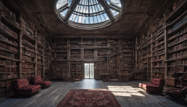 day,indoors,book,no humans,window,shadow,chair,table,sunlight,scenery,couch,light rays,wooden floor,stairs,open book,bookshelf,sunbeam,book stack,library,armchair,ceiling,ladder,carpet,rug,globe,voile