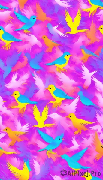 no humans,bird,animal,flying,purple background,animal focus,colorful,too many,flock,closed mouth,outdoors,sky,artist name,cloud,scenery