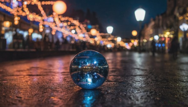 outdoors, sky, water, blurry, no humans, night, depth of field, blurry background, building, star (sky), night sky, scenery, reflection, lantern, city, paper lantern, city lights, reflective water