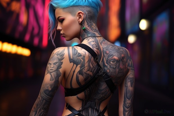 1girl,solo,breasts,short hair,bangs,bare shoulders,jewelry,closed mouth,underwear,blue hair,closed eyes,upper body,earrings,outdoors,shiny,looking back,artist name,from behind,bra,blurry,tattoo,blurry background,back,black bra,arm tattoo,shoulder tattoo,undercut,neck tattoo,back tattoo,lips,makeup,piercing,ear piercing,nose,harness