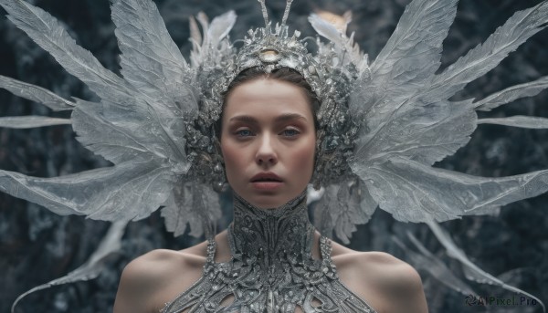 1girl,solo,looking at viewer,short hair,blue eyes,brown hair,hair ornament,bare shoulders,jewelry,upper body,parted lips,wings,blurry,lips,blurry background,feathers,portrait,realistic,headdress,straight-on,dress,collarbone,white dress,head wings