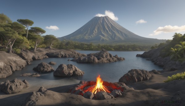 outdoors,sky,day,cloud,signature,water,tree,blue sky,no humans,cloudy sky,grass,fire,nature,scenery,forest,reflection,rock,mountain,river,landscape,mountainous horizon,lake,molten rock,plant,campfire