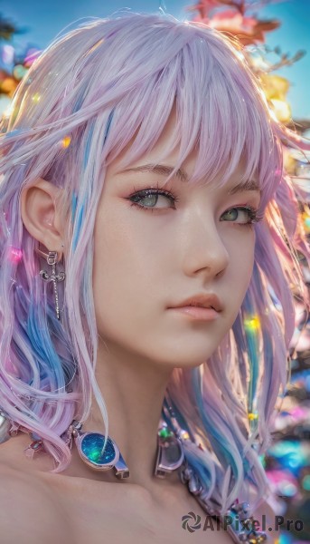 1girl,solo,long hair,looking at viewer,bangs,bare shoulders,jewelry,closed mouth,green eyes,blue hair,collarbone,upper body,pink hair,white hair,multicolored hair,earrings,outdoors,day,artist name,necklace,blurry,lips,eyelashes,depth of field,blurry background,gem,portrait,close-up,freckles,realistic,nose,parted lips,sky,grey eyes