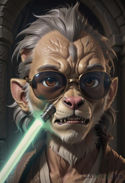 solo,looking at viewer,1boy,brown eyes,upper body,weapon,white hair,grey hair,male focus,glasses,teeth,pointy ears,sword,artist name,signature,facial hair,fangs,sunglasses,portrait,beard,furry,realistic,round eyewear,furry male,old,old man,energy sword,lion boy,lightsaber,animal ears,collarbone,lips,cyborg