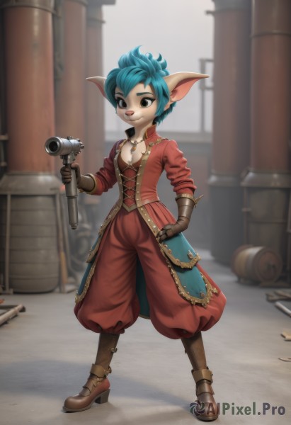 1girl,solo,breasts,looking at viewer,smile,short hair,gloves,holding,animal ears,cleavage,brown eyes,jewelry,blue hair,standing,jacket,full body,weapon,small breasts,boots,outdoors,pointy ears,belt,pants,artist name,signature,necklace,holding weapon,blurry,black eyes,high heels,hand on hip,gun,blurry background,brown footwear,holding gun,red jacket,furry,brown gloves,handgun,furry female,red pants,yordle,open mouth,open clothes,teeth,coat,watermark,cannon,body fur,leather,hammer,animal nose,snout,barrel,crate,antique firearm