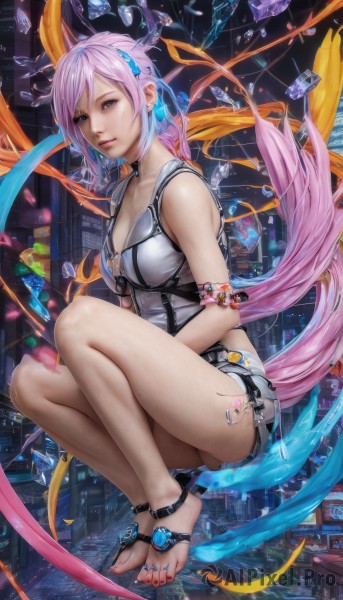 1girl,solo,long hair,breasts,looking at viewer,bangs,blue eyes,hair ornament,cleavage,bare shoulders,jewelry,medium breasts,very long hair,collarbone,full body,pink hair,thighs,multicolored hair,earrings,parted lips,shorts,barefoot,sleeveless,choker,nail polish,feet,lips,legs,short shorts,bare legs,toes,sandals,squatting,building,armlet,floating,science fiction,toenails,crystal,city,realistic,anklet,toenail polish,gloves,hairband,pink eyes,watermark,ring,nose,glass,broken glass