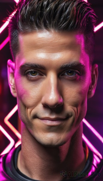 solo,looking at viewer,smile,short hair,black hair,1boy,brown eyes,closed mouth,male focus,dark skin,lips,facial hair,dark-skinned male,portrait,realistic,nose,hair slicked back,mohawk,artist name,signature,science fiction,cyberpunk