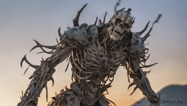 solo,1boy,holding,weapon,cowboy shot,outdoors,sky,teeth,holding weapon,armor,no humans,shoulder armor,1other,spikes,pauldrons,skull,monster,mountain,ribs,skeleton,bone,spine,standing,horns,blurry,blurry background