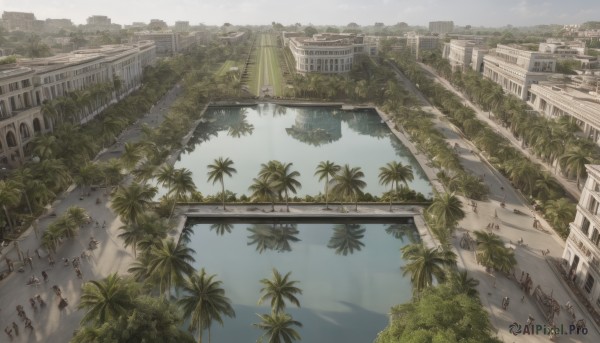 outdoors,multiple boys,sky,day,cloud,water,tree,no humans,ocean,plant,ground vehicle,building,scenery,6+boys,city,palm tree,road,watercraft,bridge,boat,people,multiple girls,window,motor vehicle,reflection,car,cityscape,ruins