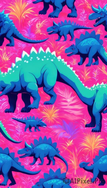 open mouth,red eyes,tail,full body,lying,horns,teeth,pokemon (creature),no humans,multiple views,leaf,pink background,plant,sharp teeth,animal focus,fins,dinosaur,standing,closed eyes,tongue,artist name,signature,looking at another,watermark,grass,blue skin,alternate color,fireworks