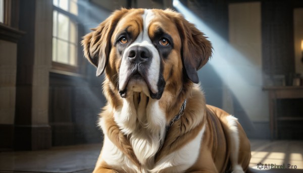 HQ,solo,brown eyes,day,indoors,necklace,blurry,collar,no humans,window,animal,sunlight,dog,light rays,realistic,animal focus,looking at viewer,pokemon (creature),blurry background,shadow,chain