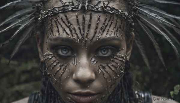 1girl,solo,looking at viewer,black hair,hair ornament,jewelry,closed mouth,braid,tongue,dark skin,tongue out,blurry,dark-skinned female,lips,grey eyes,eyelashes,blurry background,feathers,portrait,close-up,realistic,headdress,feather hair ornament,straight-on,tribal,1boy,male focus,earrings