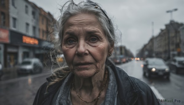 1girl,solo,looking at viewer,shirt,jewelry,closed mouth,jacket,upper body,white hair,grey hair,earrings,outdoors,necklace,blurry,black jacket,grey eyes,depth of field,blurry background,facial hair,piercing,ground vehicle,building,messy hair,portrait,motor vehicle,realistic,car,road,old,old man,grey sky,old woman,wrinkled skin,1boy,male focus,sky,day,lips,cloudy sky