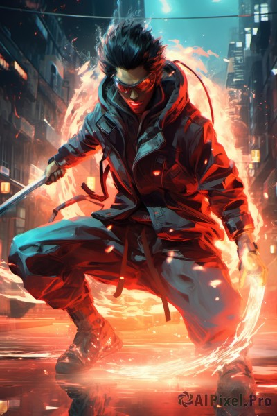 solo,looking at viewer,short hair,black hair,1boy,holding,closed mouth,standing,jacket,full body,weapon,male focus,boots,outdoors,open clothes,belt,pants,sword,holding weapon,night,glowing,holding sword,moon,sunglasses,katana,fire,spiked hair,building,red jacket,reflection,dual wielding,city,cityscape,tinted eyewear,cyberpunk,shirt,long sleeves,open jacket,mask,squatting,knife,goggles,science fiction,fighting stance,realistic,cyborg,reverse grip