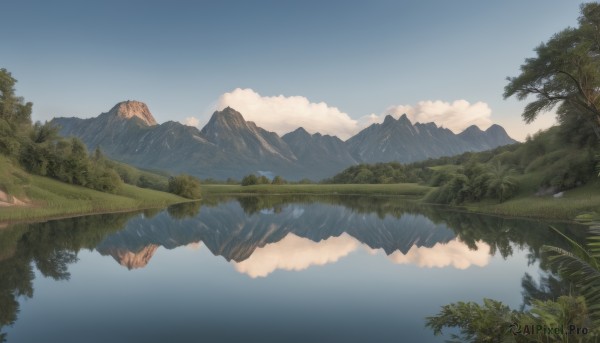 outdoors,sky,day,cloud,water,tree,blue sky,no humans,cloudy sky,grass,plant,nature,scenery,forest,reflection,mountain,river,landscape,mountainous horizon,lake,reflective water