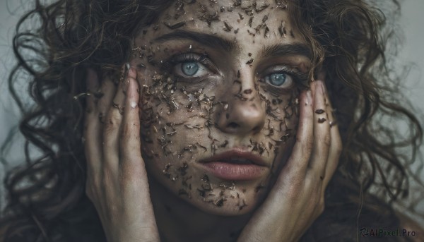 1girl,solo,long hair,looking at viewer,blue eyes,brown hair,black hair,parted lips,lips,eyelashes,wavy hair,portrait,realistic,hands on own face,hands on own cheeks,piercing,close-up,curly hair