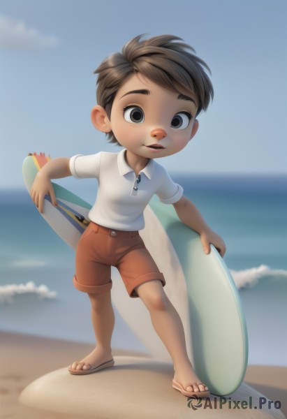 solo,looking at viewer,smile,short hair,brown hair,shirt,1boy,holding,brown eyes,standing,full body,white shirt,short sleeves,male focus,outdoors,sky,shorts,day,collared shirt,water,blurry,black eyes,blue sky,blurry background,ocean,beach,sandals,child,zipper,freckles,sand,male child,brown shorts,flip-flops,surfboard,behind back,open mouth,parted lips,cloud