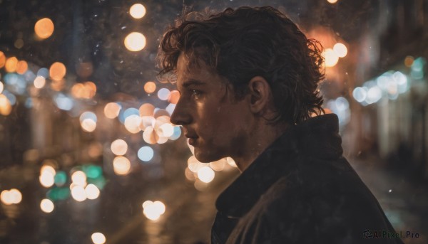 solo, short hair, brown hair, black hair, 1boy, brown eyes, upper body, male focus, blurry, from side, profile, night, depth of field, blurry background, realistic, light, bokeh