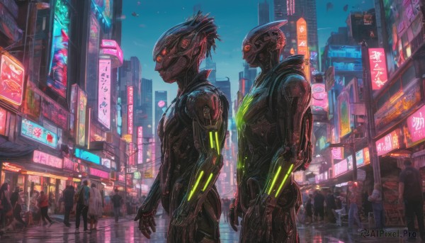 outdoors, multiple boys, night, glowing, robot, building, scenery, science fiction, city, sign, road, cityscape, street, crowd, cyberpunk, neon lights