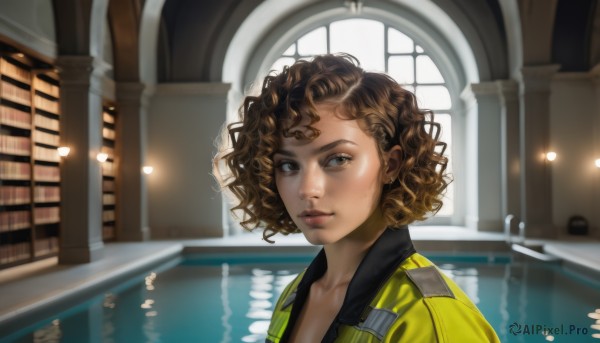 1girl,solo,looking at viewer,short hair,brown hair,brown eyes,collarbone,upper body,indoors,dark skin,water,dark-skinned female,lips,looking to the side,window,portrait,reflection,curly hair,realistic,nose,pool,jumpsuit,very dark skin,jacket,parted lips,freckles