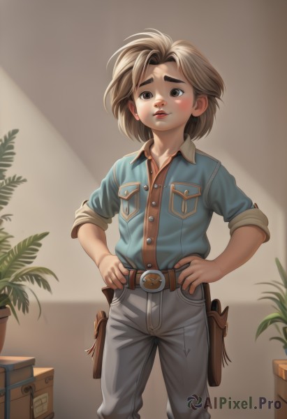 1girl,solo,blush,short hair,brown hair,shirt,brown eyes,closed mouth,standing,parted lips,collared shirt,belt,pants,indoors,medium hair,lips,buttons,thick eyebrows,blue shirt,plant,denim,child,sleeves rolled up,pocket,hands on hips,jeans,red lips,female child,potted plant,brown belt,breast pocket,holster,grey pants,looking at viewer,1boy,weapon,male focus,gun,handgun,freckles,pouch,male child