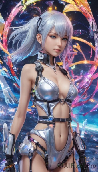 1girl,solo,long hair,breasts,looking at viewer,bangs,blue eyes,thighhighs,gloves,navel,cleavage,bare shoulders,twintails,jewelry,medium breasts,closed mouth,grey hair,cowboy shot,earrings,black gloves,shiny,fingerless gloves,leotard,lips,detached collar,one side up,garter straps,revealing clothes,realistic,arms at sides,ribbon,standing,swimsuit,hair ribbon,weapon,white hair,belt,collar,two side up,navel cutout