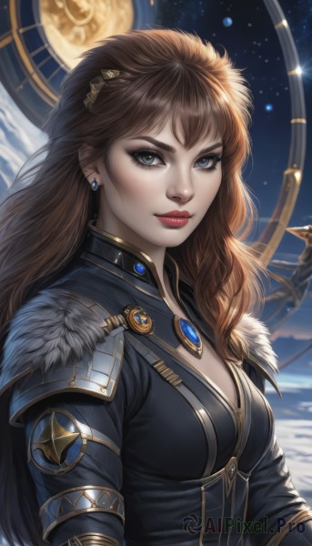 1girl,solo,long hair,breasts,looking at viewer,blue eyes,brown hair,hair ornament,cleavage,jewelry,medium breasts,closed mouth,upper body,earrings,sky,artist name,armor,lips,fur trim,eyelashes,makeup,lipstick,brooch,shoulder armor,gem,star (sky),eyeshadow,starry sky,nose,clock,red lips,eyeliner,space,planet,mascara,roman numeral,bangs,signature,thick eyebrows,realistic