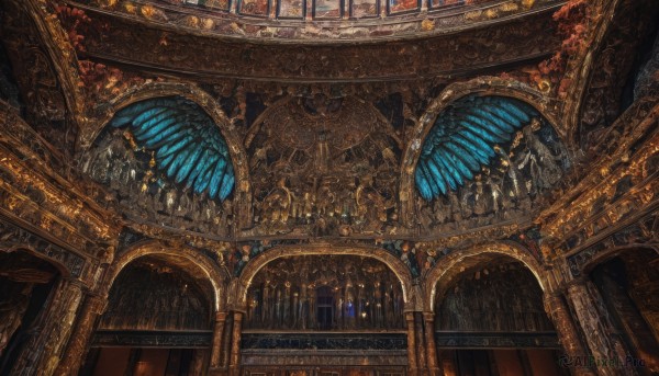 indoors,dutch angle,no humans,window,from below,scenery,stairs,fantasy,architecture,pillar,statue,ceiling,stained glass,church,arch,chandelier,column,wings,library,very wide shot