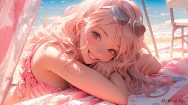 1girl,solo,long hair,breasts,looking at viewer,blush,smile,bangs,blonde hair,bare shoulders,brown eyes,jewelry,swimsuit,upper body,heart,bikini,earrings,outdoors,lying,frills,teeth,day,striped,water,grin,blurry,lips,grey eyes,makeup,ocean,umbrella,wavy hair,beach,crossed arms,sunlight,sunglasses,on stomach,lipstick,towel,eyewear on head,frilled bikini,head rest,striped bikini,pink lips,sand,pink bikini,red lips,shade,parasol,heart earrings,beach umbrella,beach towel,vertical-striped bikini,open mouth,pink hair,sky