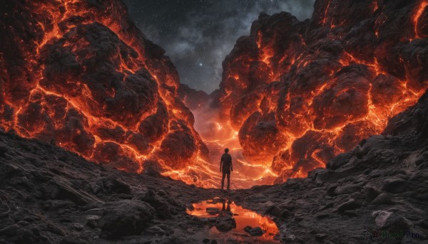 1boy, standing, outdoors, sky, from behind, night, fire, star (sky), scenery, rock, molten rock