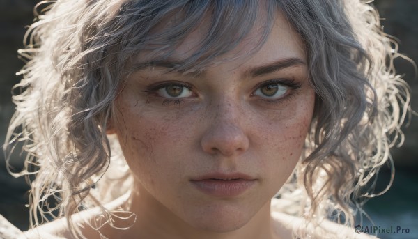 1girl,solo,looking at viewer,short hair,bangs,brown eyes,closed mouth,white hair,grey hair,artist name,signature,blurry,lips,eyelashes,blood,depth of field,blurry background,messy hair,portrait,close-up,freckles,curly hair,blood on face,realistic,nose,blue hair,backlighting