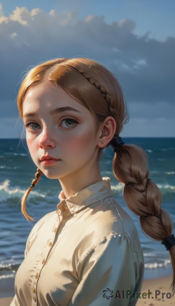 1girl,solo,long hair,breasts,looking at viewer,brown hair,shirt,twintails,closed mouth,green eyes,white shirt,upper body,braid,outdoors,sky,day,collared shirt,cloud,water,blurry,twin braids,from side,blue sky,lips,looking to the side,grey eyes,buttons,ocean,beach,sunlight,cloudy sky,freckles,realistic,nose,hair tie,horizon,blush,bangs,blue eyes,small breasts,parted bangs,eyelashes,single braid,blurry background,expressionless,blouse,forehead,sand,waves