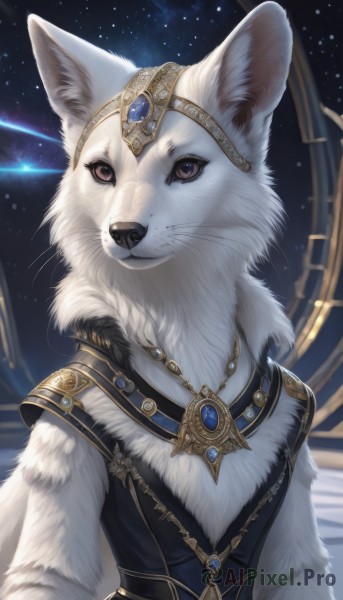 1girl,solo,looking at viewer,brown eyes,jewelry,upper body,sky,artist name,signature,necklace,armor,no humans,night,animal,gem,star (sky),night sky,furry,pendant,starry sky,gold trim,furry female,clock,animal focus,white fur,whiskers,blue gemstone,shooting star,constellation,fluffy,dress,cat