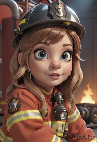 1girl,solo,long hair,looking at viewer,smile,bangs,blue eyes,brown hair,long sleeves,hat,jacket,upper body,parted lips,teeth,indoors,blurry,uniform,lips,eyelashes,mask,blurry background,helmet,fire,genderswap,genderswap (mtf),freckles,gas mask,artist name,nose