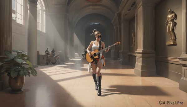 1girl,solo,long hair,breasts,skirt,blonde hair,dress,holding,cleavage,bare shoulders,medium breasts,standing,collarbone,full body,ponytail,boots,sleeveless,day,indoors,black footwear,window,shadow,sunlight,sunglasses,knee boots,tank top,high ponytail,plant,instrument,music,guitar,potted plant,wide shot,playing instrument,white tank top,holding instrument,electric guitar,statue,drum,cactus,looking at viewer,short hair,large breasts,brown hair,shirt,black hair,jewelry,jacket,white shirt,shorts,dark skin,dark-skinned female,short shorts,ground vehicle,scenery,backlighting,pillar,drum set