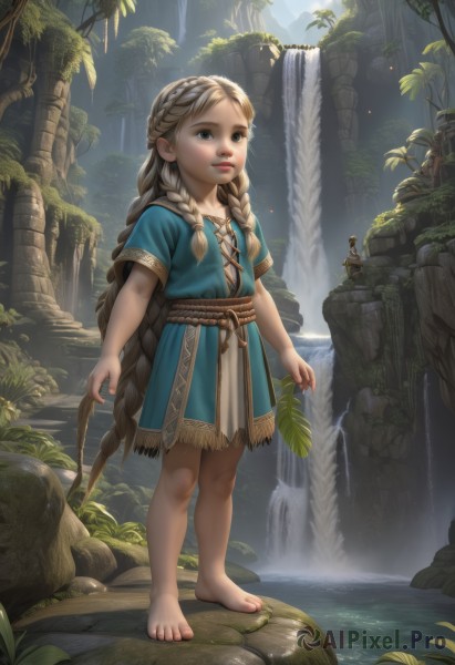 1girl,solo,long hair,smile,open mouth,blue eyes,blonde hair,brown hair,dress,brown eyes,very long hair,standing,full body,braid,short sleeves,outdoors,parted lips,barefoot,day,water,twin braids,flat chest,feet,tree,lips,toes,blue dress,plant,child,nature,forest,rock,realistic,fantasy,female child,waterfall,moss,stream,1boy,solo focus